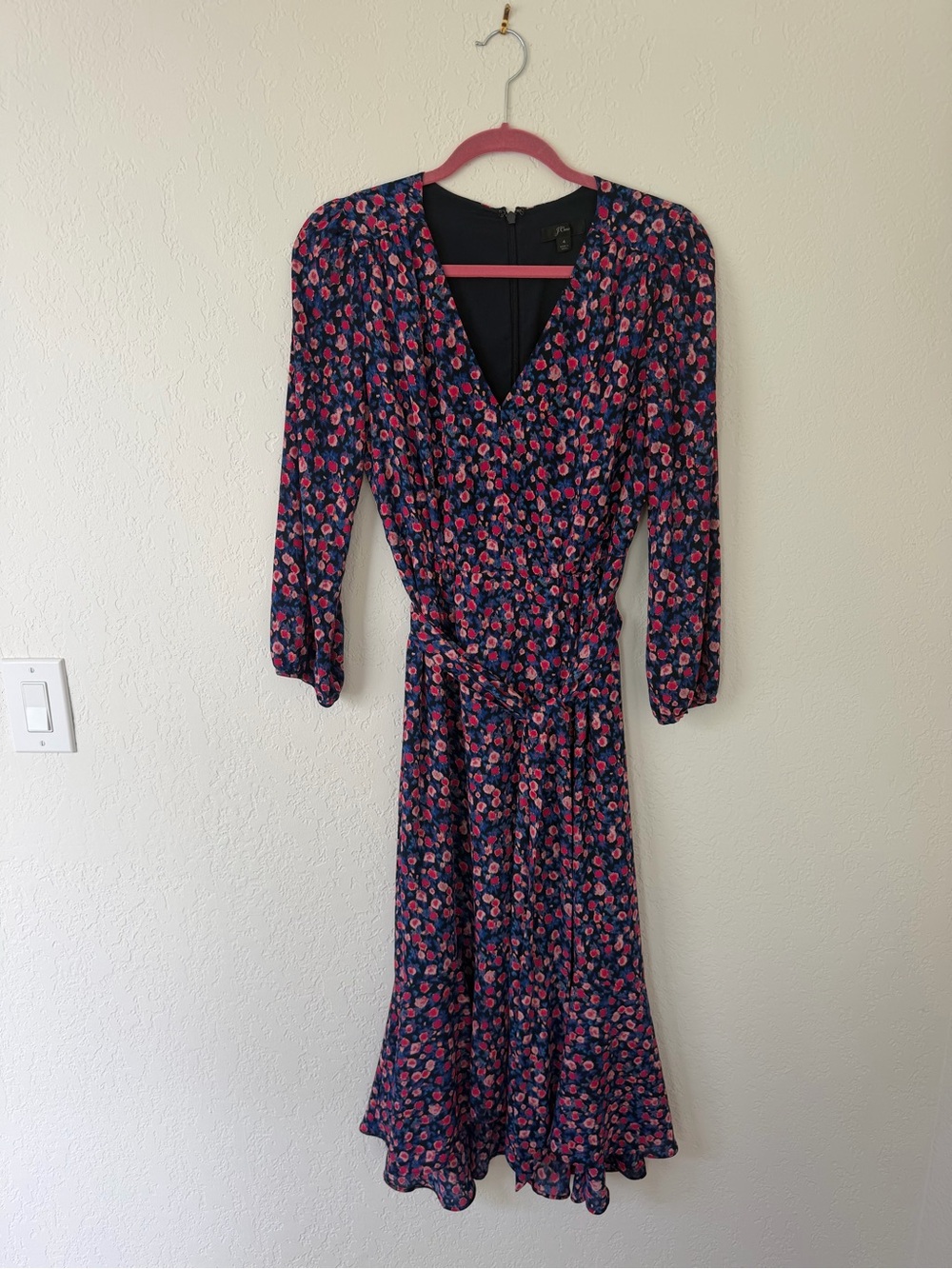 J. Crew Navy Midi Dress with Pink Floral Print and Tie Waist